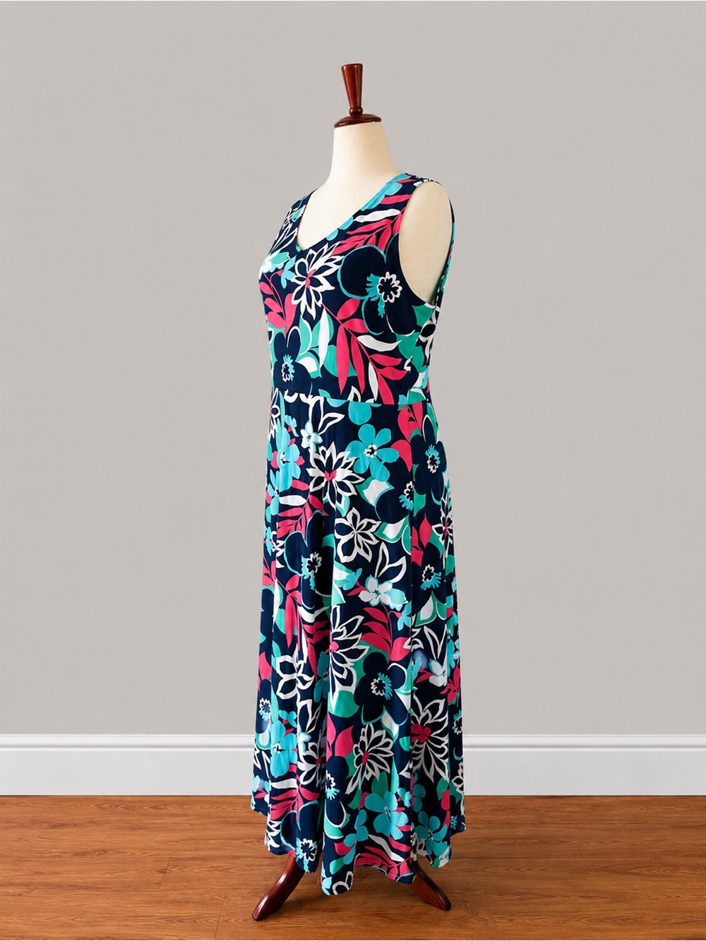 Talbots Sleeveless Floral V-Neck Maxi Dress in Navy & Teal Size XL